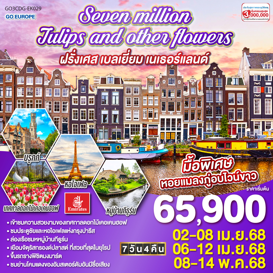 ทัวร์ฝรั่งเศส Seven million tulips and other flowers ฝรั่งเศส เบลเยี่ยม เนเธอร์แลนด์ 7วัน 4คืน  (EK)